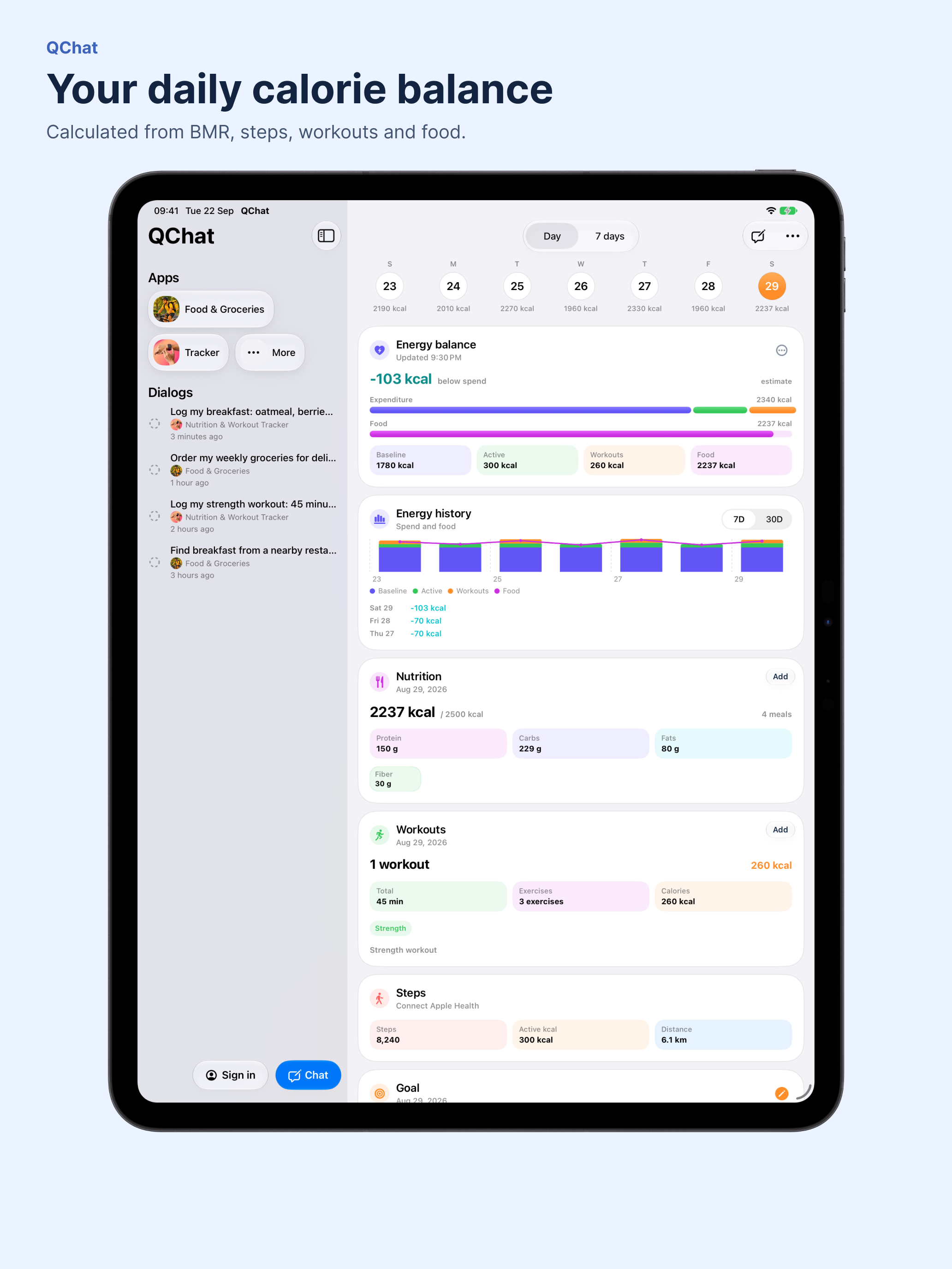 Your daily calorie balance · QChat · iPad