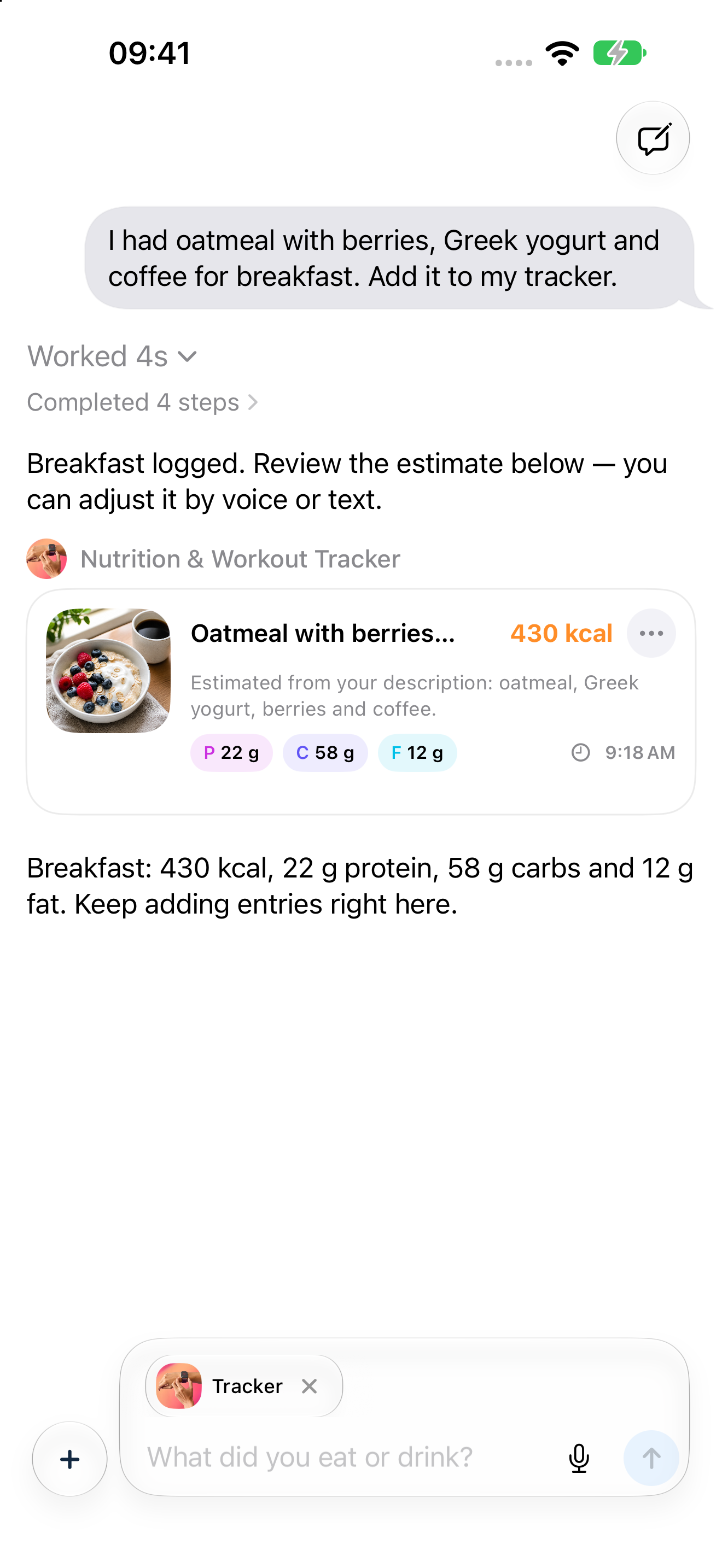 QChat food log showing a durable nutrition artifact