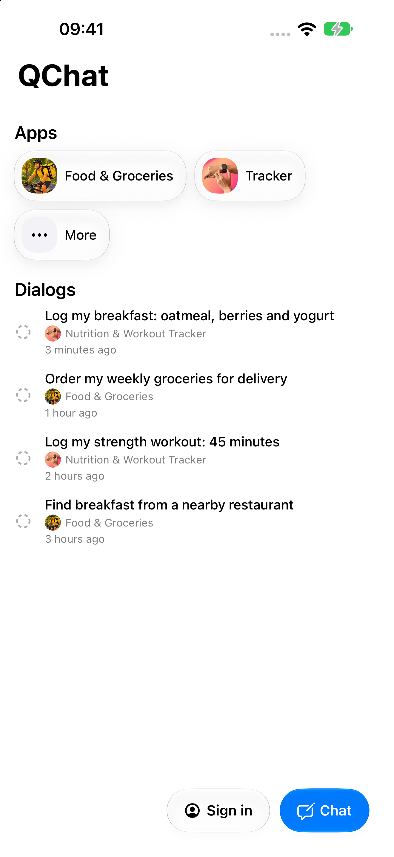 QChat home screen with specialized agents and recent tasks