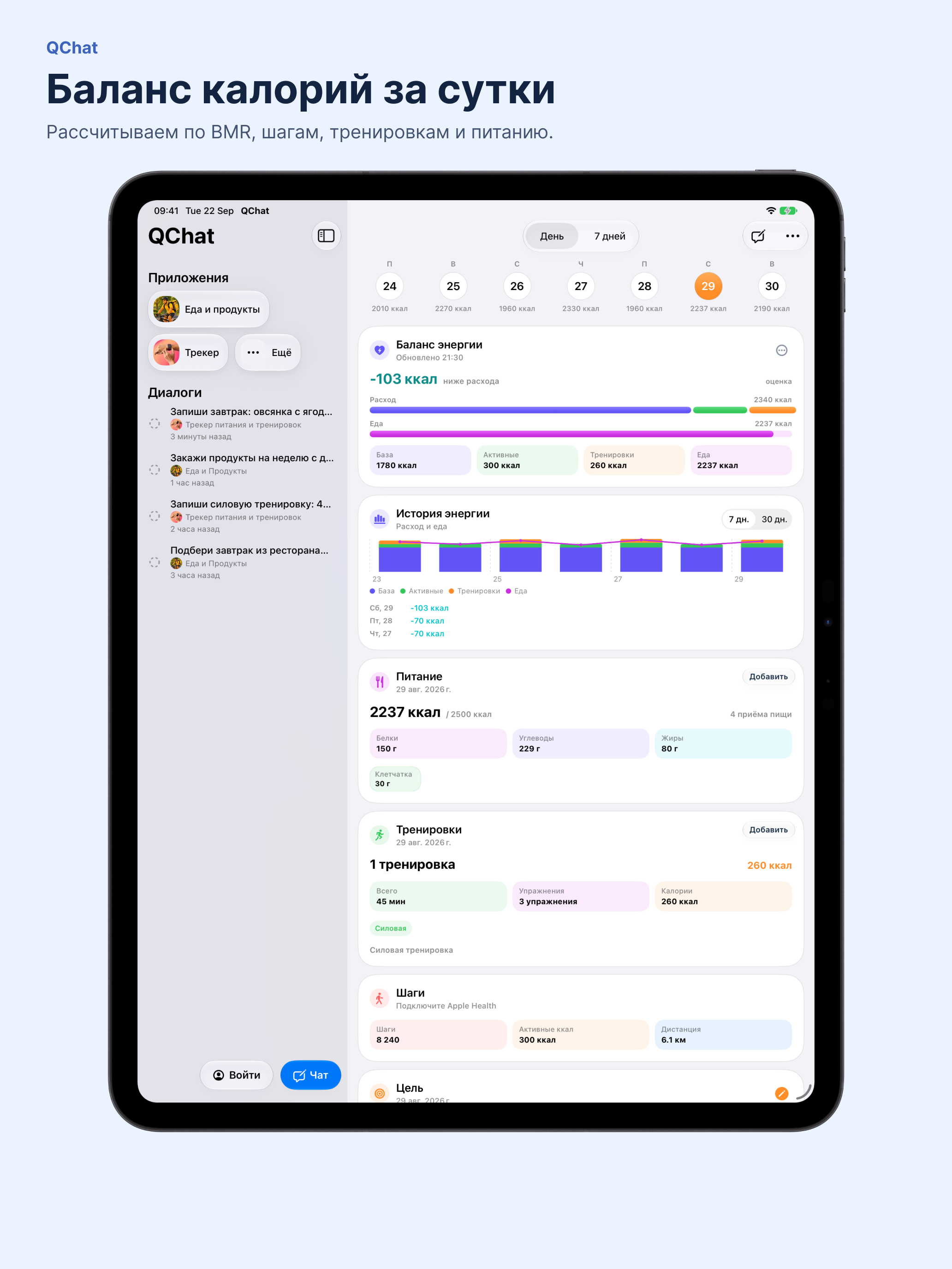 Баланс калорий за сутки · QChat · iPad