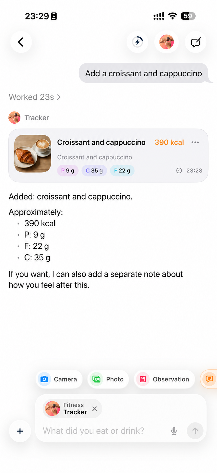 QChat food log with a croissant and cappuccino