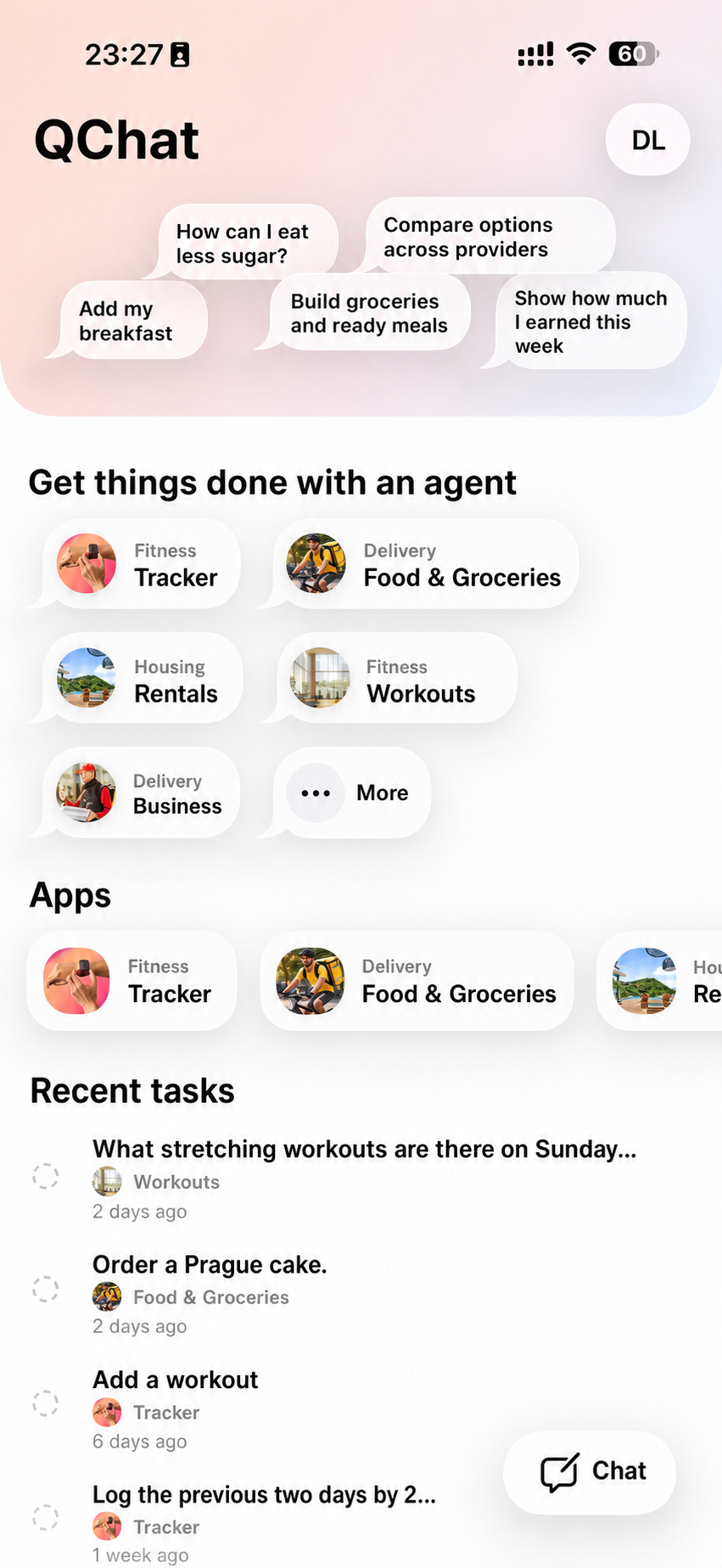 QChat home screen with agents, apps, and recent tasks